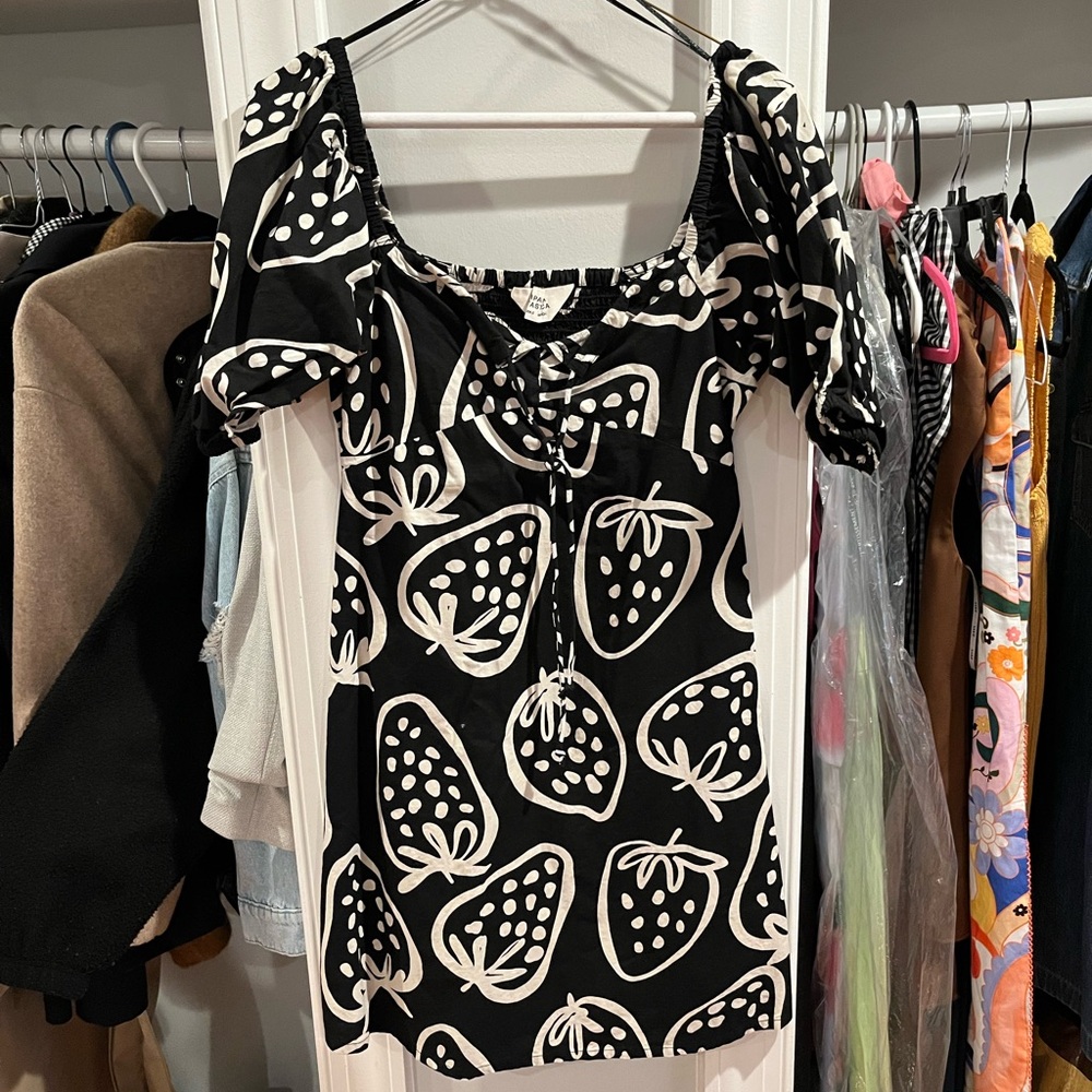 Strawberry Print Black and White Mini Dress